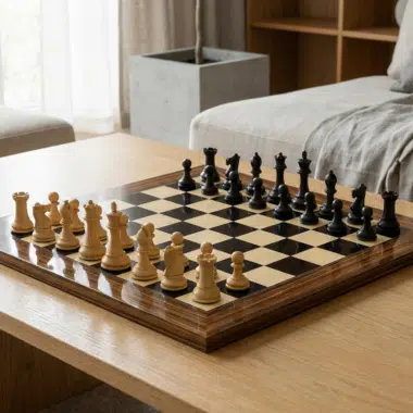 Jeu d'Échecs Sovereign Palissandre Staunton en pleine ambiance conviviale dans un salon moderne - Le Palais Des Echecs
