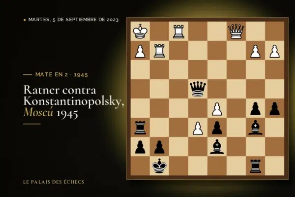 Posición del reto de ajedrez: Juegan las negras y dan mate en 2 (Boris Ratner – Alexander Konstantinopolsky, Moscow, 1945)