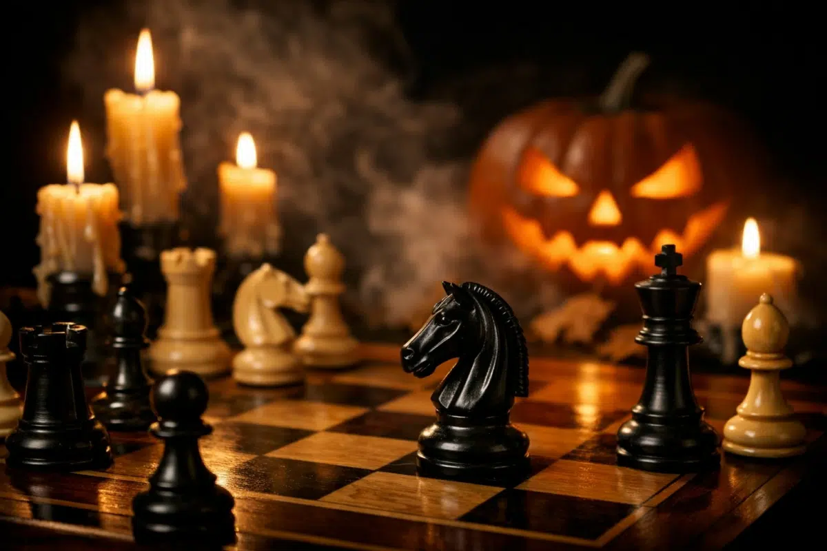 Partida de ajedrez a la luz de las velas con una calabaza de Halloween de fondo